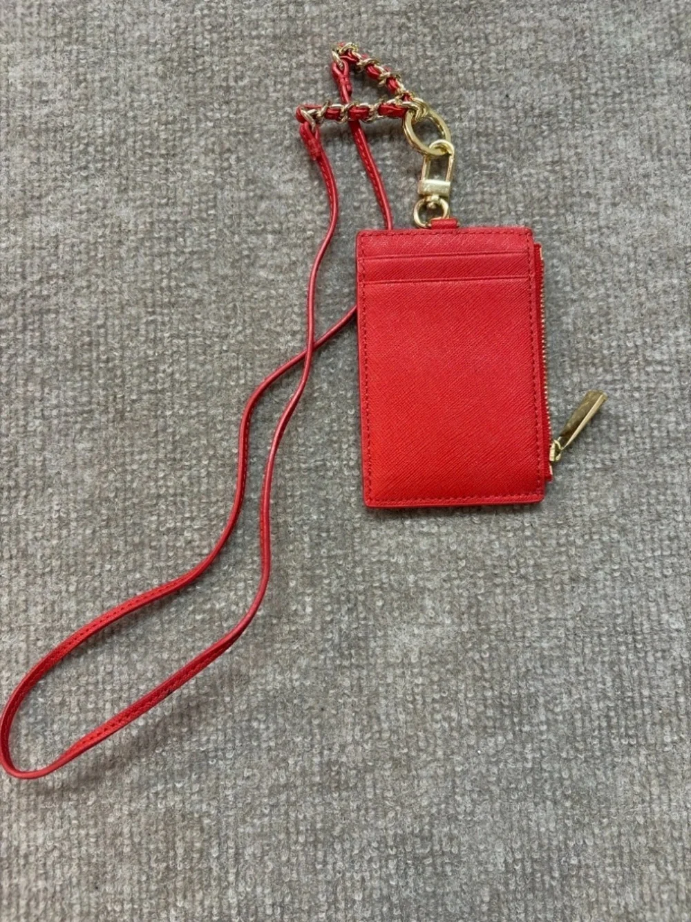 Tory Burch Red Saffiano Leather Card Holder Lanyard Wallet Gold Chain